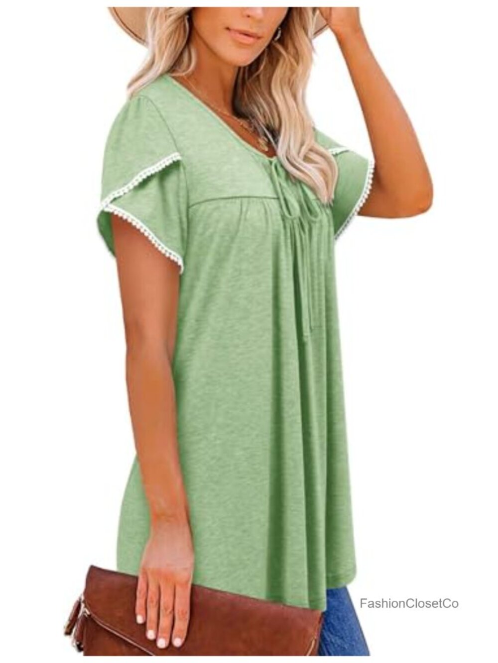 Women's Short Sleeve Tunic Top Pleated Ruffle Peasant Blouse Loose Fit - Picture 2 of 5